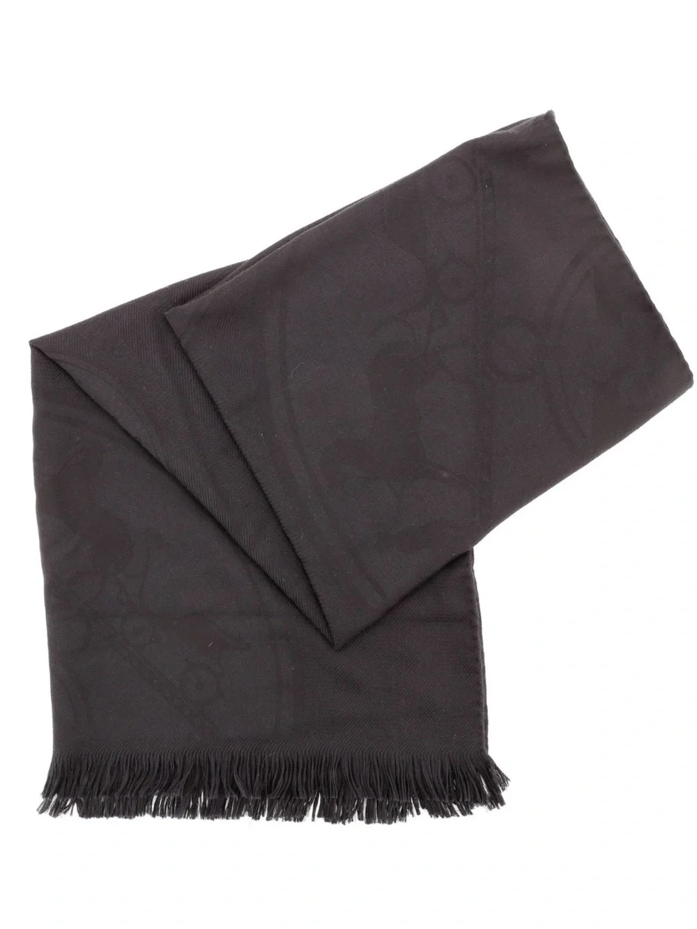 Hermes Dark Gray Branded Fringed Scarf